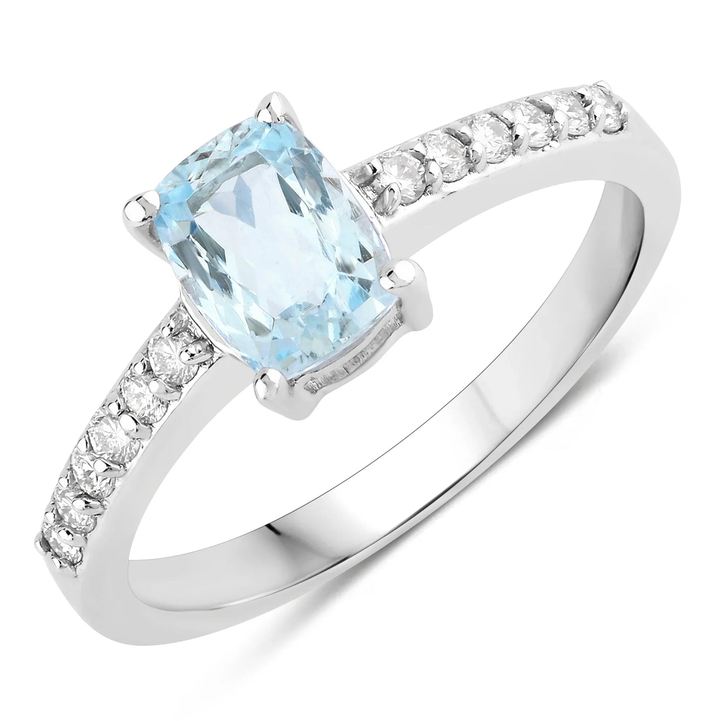 0.80 Ct Cushion Blue Aquamarine Lab Diamond Prong Silver Pave Bridge Ring