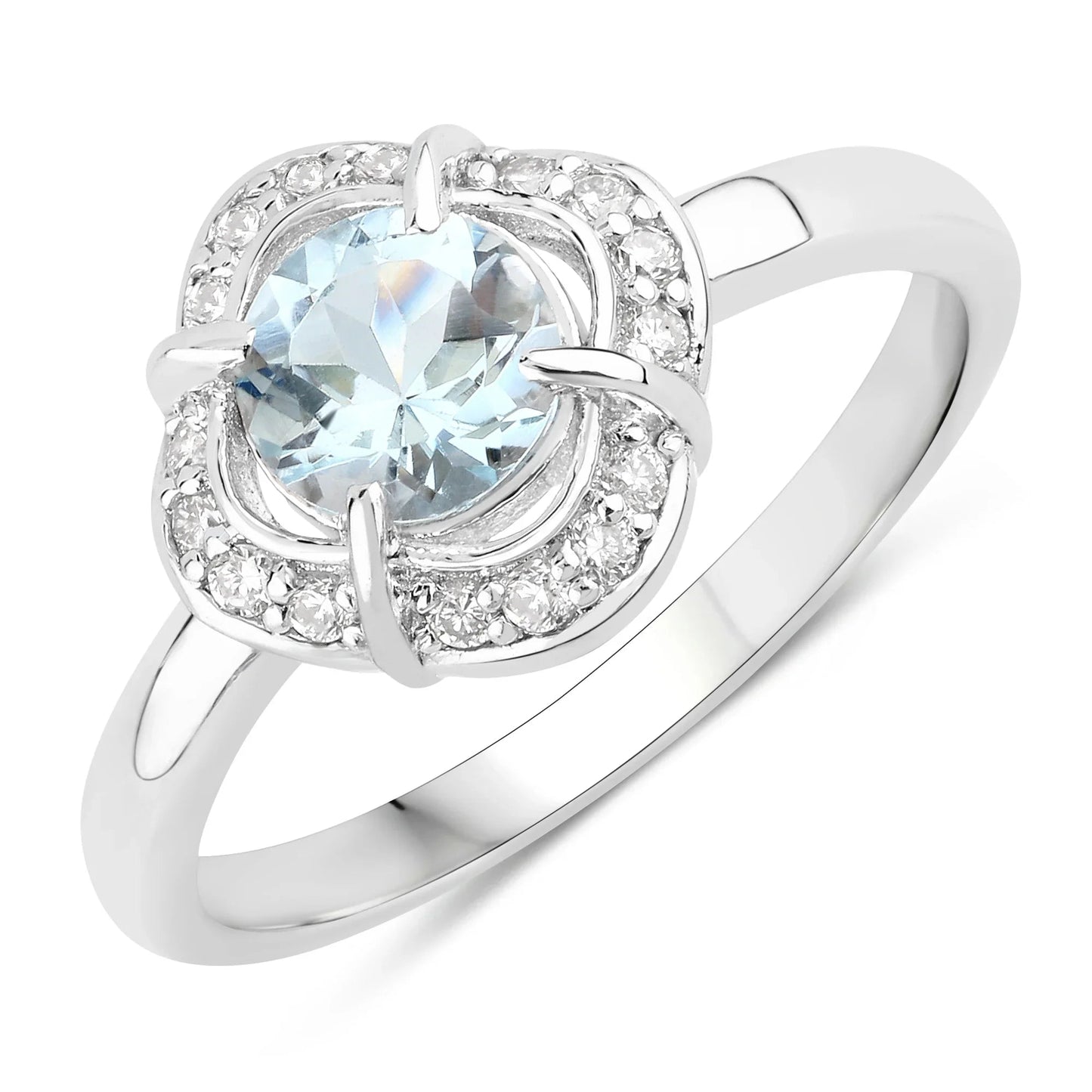 0.75 Ct Round Blue Aquamarine Lab Diamond Prong Silver Halo Ring