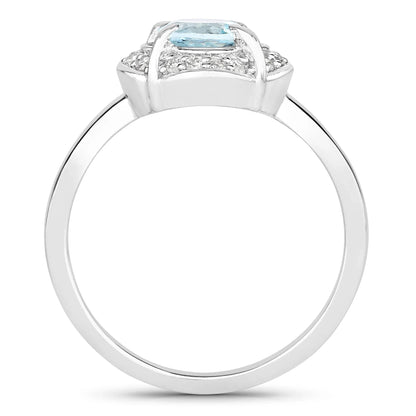 0.75 Ct Round Blue Aquamarine Lab Diamond Prong Silver Halo Ring