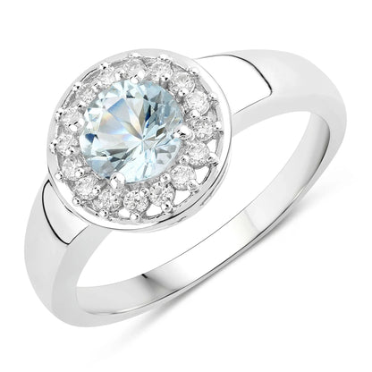 0.75 Ct Round Blue Aquamarine and Lab Diamond Prong Silver Halo Ring