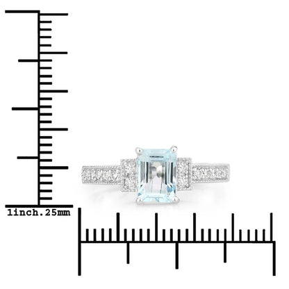 0.80 Ct Octagon Blue Aquamarine & Lab Diamond Prong Silver Pave Bridge Ring