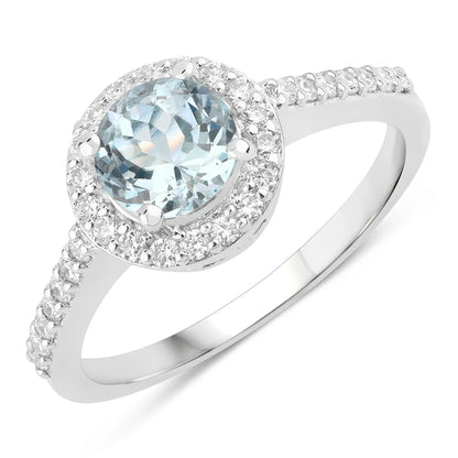 0.75 Ct Round Blue Aquamarine Lab Diamond Prong Silver Halo Pave Ring