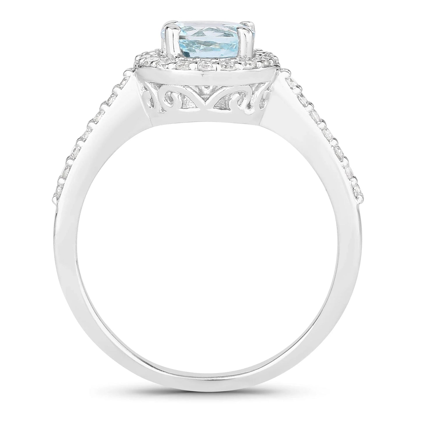 0.75 Ct Round Blue Aquamarine Lab Diamond Prong Silver Halo Pave Ring