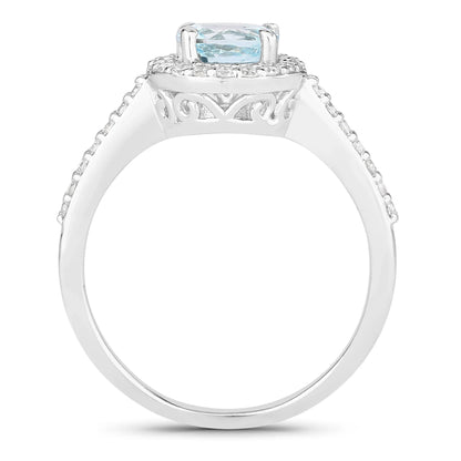 0.75 Ct Round Blue Aquamarine Lab Diamond Prong Silver Halo Pave Ring