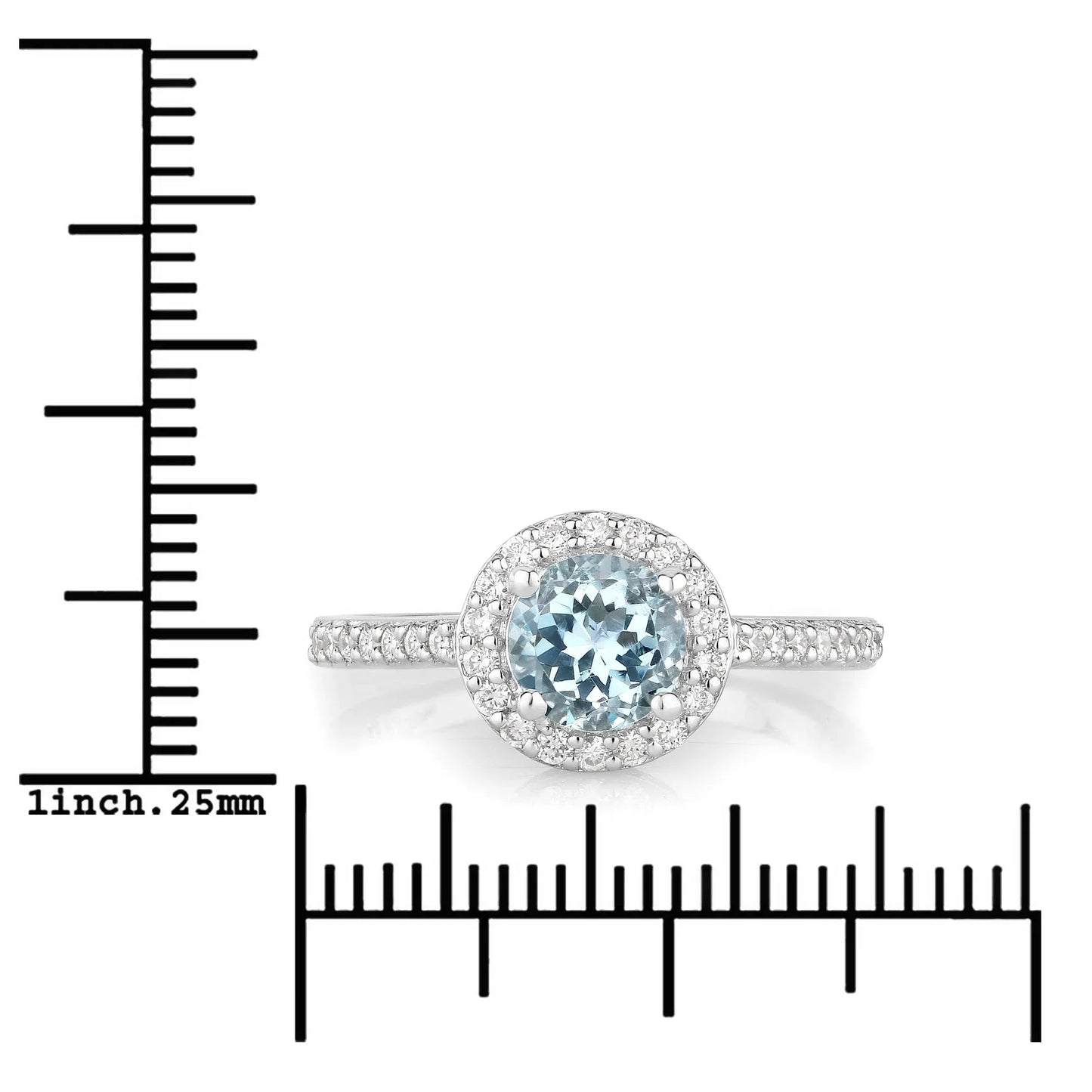 0.75 Ct Round Blue Aquamarine Lab Diamond Prong Silver Halo Pave Ring