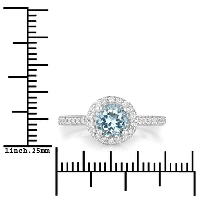 0.75 Ct Round Blue Aquamarine Lab Diamond Prong Silver Halo Pave Ring