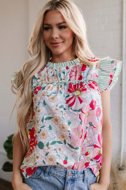 Threaded Pear Anne Floral Ruffle Trim Short Sleeve Blouse