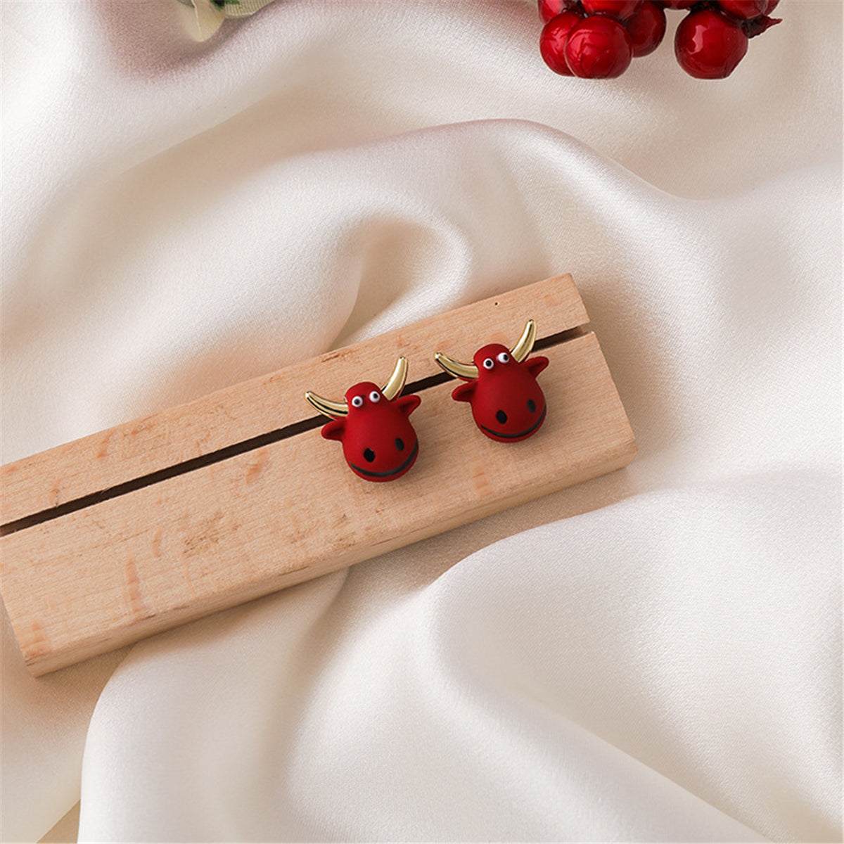 Red Polymer Clay & Goldtone Cattle Stud Earrings
