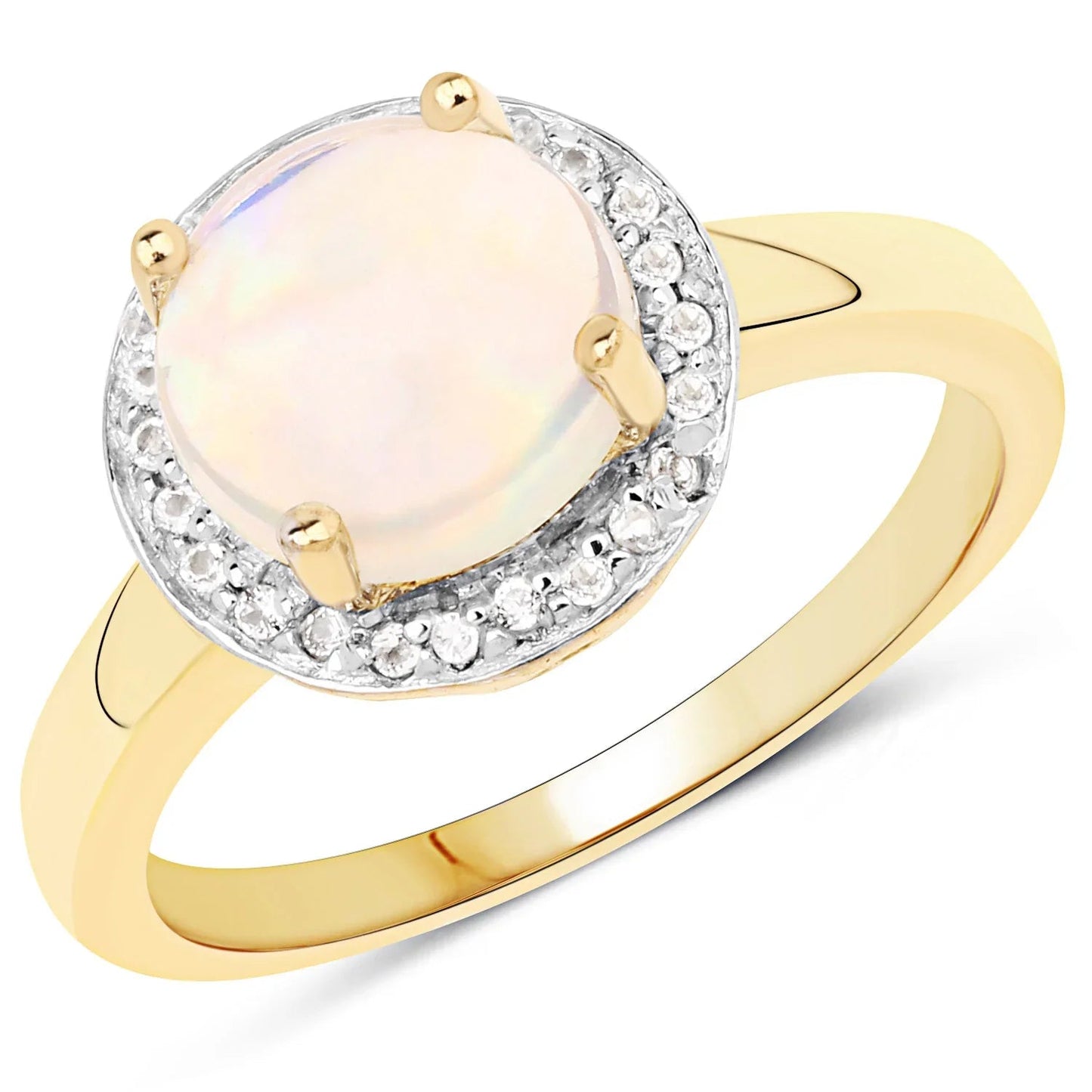 0.95 Ct Round White Ethiopian Opal Prong Yellow Gold Plated Silver Halo Ring