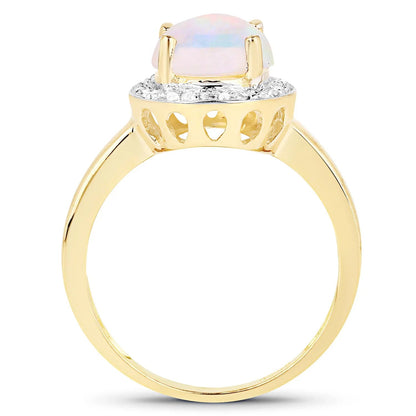 0.95 Ct Round White Ethiopian Opal Prong Yellow Gold Plated Silver Halo Ring