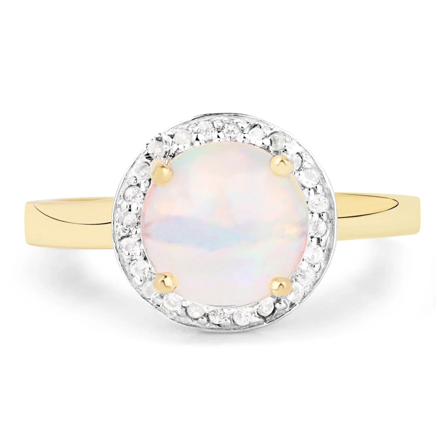 0.95 Ct Round White Ethiopian Opal Prong Yellow Gold Plated Silver Halo Ring