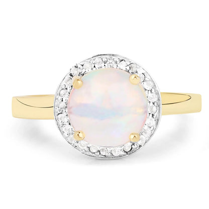 0.95 Ct Round White Ethiopian Opal Prong Yellow Gold Plated Silver Halo Ring