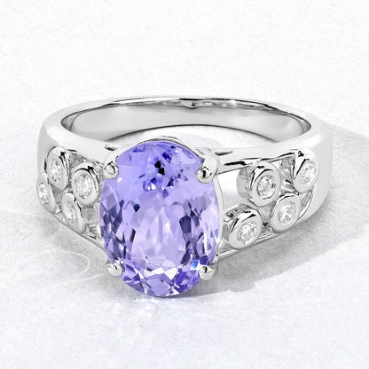 3.42 Cttw Oval Violet Tanzanite and Lab Diamond Rhodium over Silver Cocktail Ring