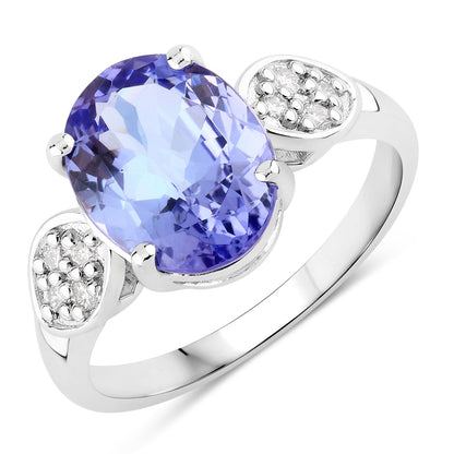4.34 Cttw Oval Violet Tanzanite and Lab Diamond Rhodium over Silver Cocktail Ring