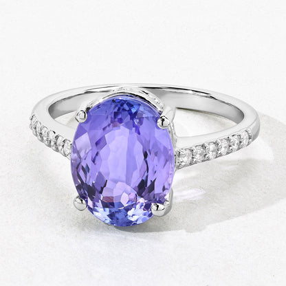 3.66 Cttw Oval Violet Tanzanite and Lab Grown Diamond Rhodium over Silver Bridge Ring