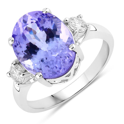 4.34 Cttw Oval Violet Tanzanite and Lab Diamond Rhodium over Silver 3-Stone Ring