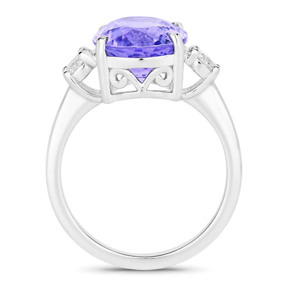 4.34 Cttw Oval Violet Tanzanite and Lab Diamond Rhodium over Silver 3-Stone Ring