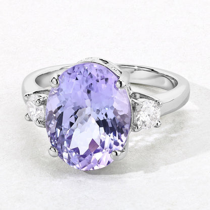 4.34 Cttw Oval Violet Tanzanite and Lab Diamond Rhodium over Silver 3-Stone Ring