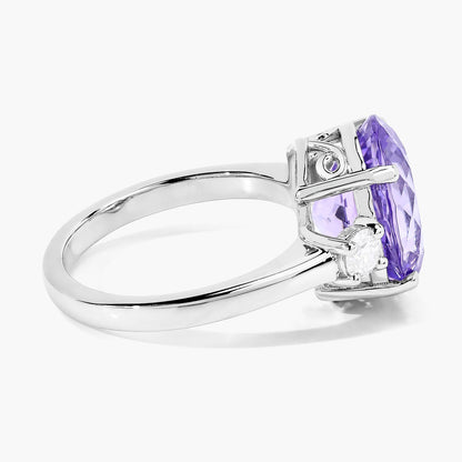 4.34 Cttw Oval Violet Tanzanite and Lab Diamond Rhodium over Silver 3-Stone Ring