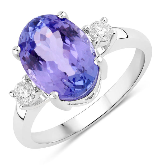 6.62 Cttw Oval Violet Tanzanite Lab Grown Diamond Rhodium over Silver Three Stone Ring