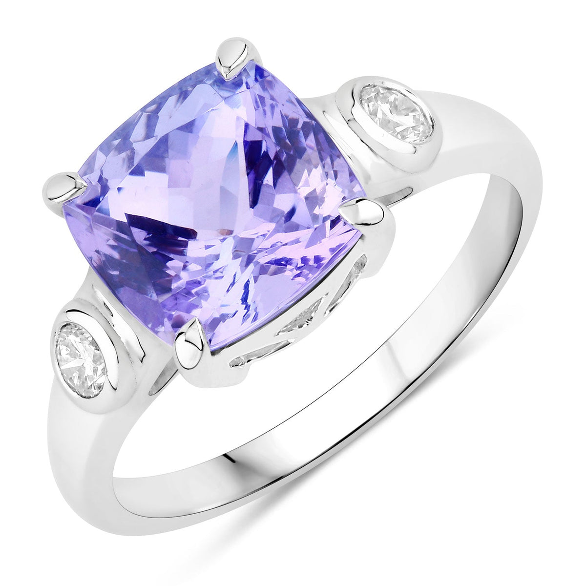 4.03 Cttw Cushion Violet Tanzanite and Lab Diamond Rhodium over Silver 3-Stone Ring