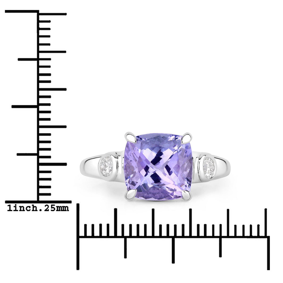 4.03 Cttw Cushion Violet Tanzanite and Lab Diamond Rhodium over Silver 3-Stone Ring