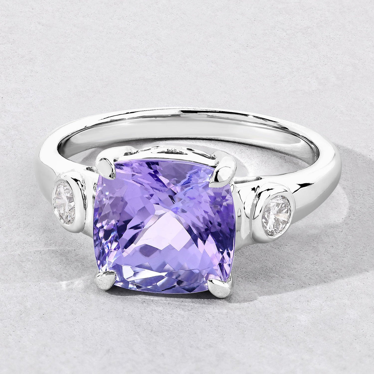 4.03 Cttw Cushion Violet Tanzanite and Lab Diamond Rhodium over Silver 3-Stone Ring
