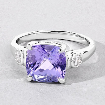 4.03 Cttw Cushion Violet Tanzanite and Lab Diamond Rhodium over Silver 3-Stone Ring