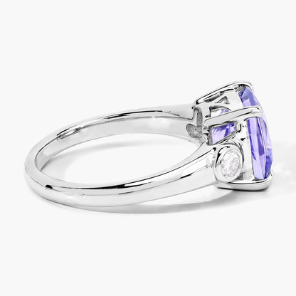 4.03 Cttw Cushion Violet Tanzanite and Lab Diamond Rhodium over Silver 3-Stone Ring