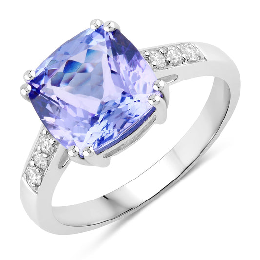 3.79 Cttw Cushion Violet Tanzanite and Lab Diamond Rhodium over Silver Bridge Ring