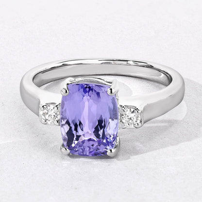 2.88 Cttw Cushion Violet Tanzanite and Lab Diamond Rhodium over Silver 3-Stone Ring
