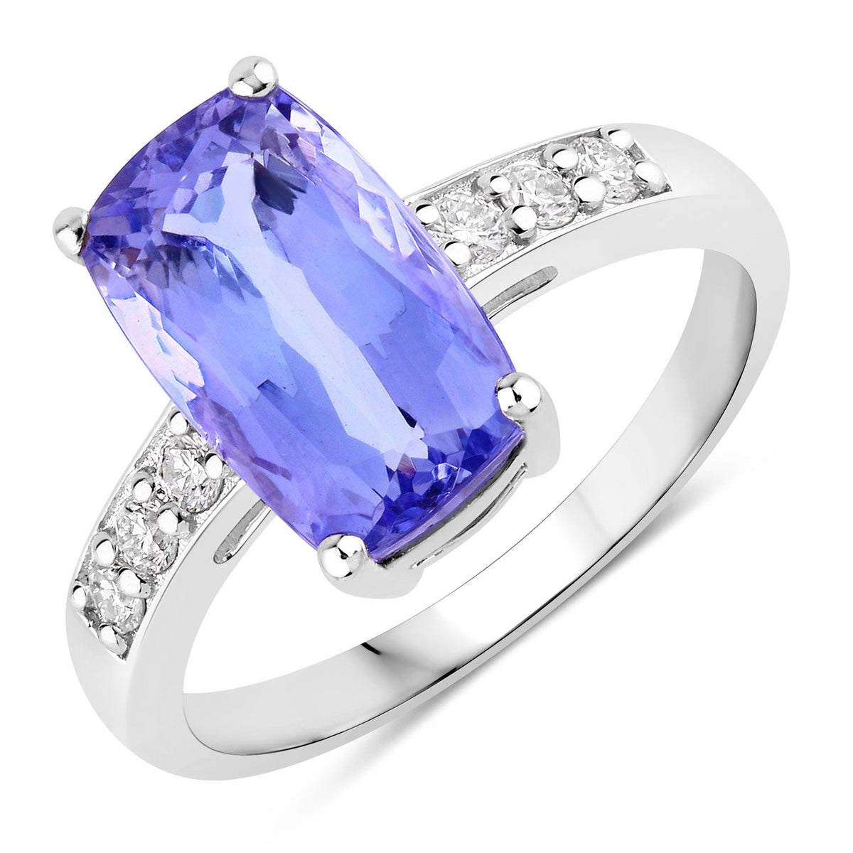 3.69 Cttw Cushion Violet Tanzanite and Lab Diamond Rhodium over Silver Bridge Ring