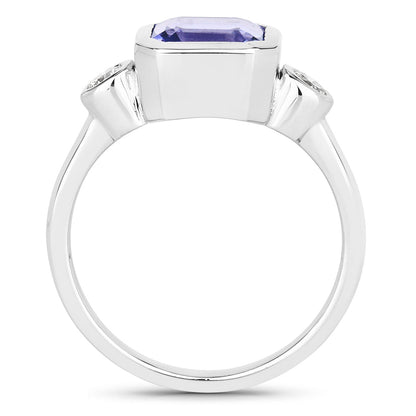 3.49 Cttw Octagon Violet Tanzanite and Lab Diamond Bezel Rhodium over Silver 3-Stone Ring