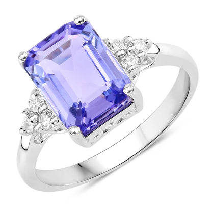 3.88 Cttw Octagon Violet Tanzanite and Lab Diamond Rhodium over Silver Side Cluster Ring