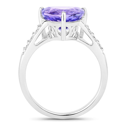 4.34 Cttw Trillion Violet Tanzanite and Lab Diamond Rhodium over Silver Bridge Ring