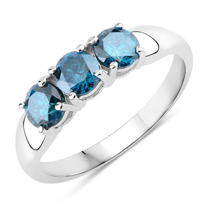 1.09 Cttw Round Teal Blue Diamond 14K White Gold Three Stone Ring