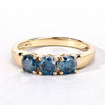 1.09 Cttw Round Teal Blue Diamond 14K Yellow Gold Three Stone Ring
