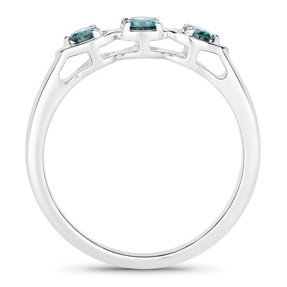 0.34 Cttw Round Teal Blue Diamond Rhodium Plated Silver 3-Stone Ring
