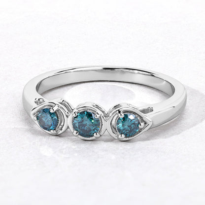 0.34 Cttw Round Teal Blue Diamond Rhodium Plated Silver 3-Stone Ring
