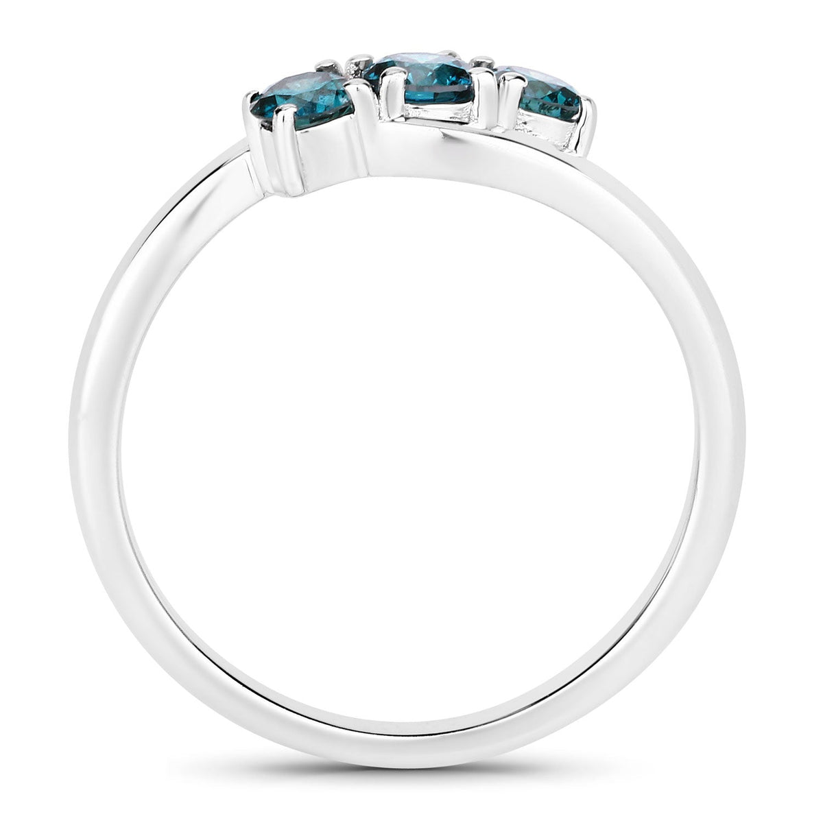 0.49 Cttw Round Teal Blue Diamond Rhodium Plated Silver Bypass 3-Stone Ring