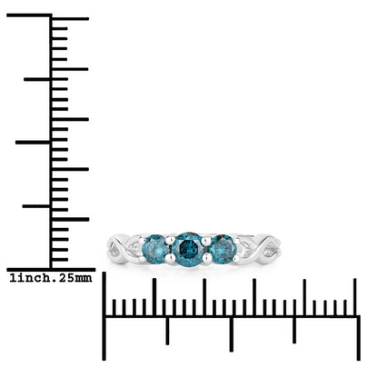 0.52 Cttw Round Teal Blue Diamond Rhodium Plated Silver Three Stone Twisted Band Ring