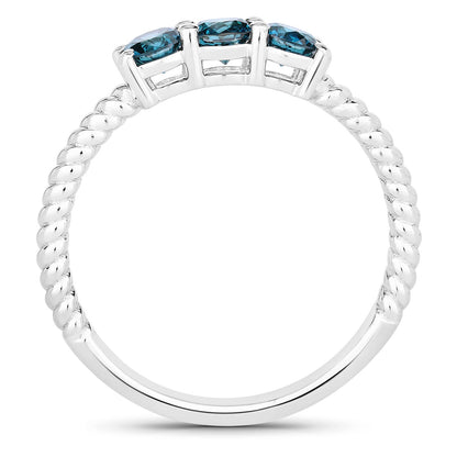 0.49 Cttw Round Teal Blue Diamond Rhodium Plated Silver 3-Stone Ring