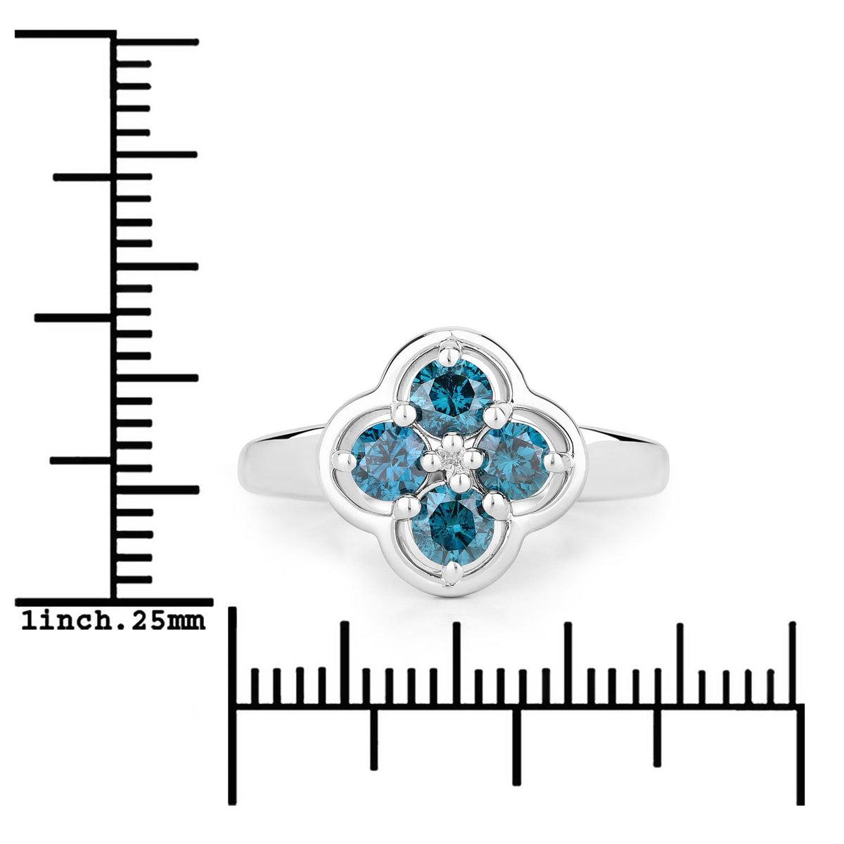 0.76 Cttw Round Teal Blue Diamond Rhodium Plated Silver Clover Cluster Ring