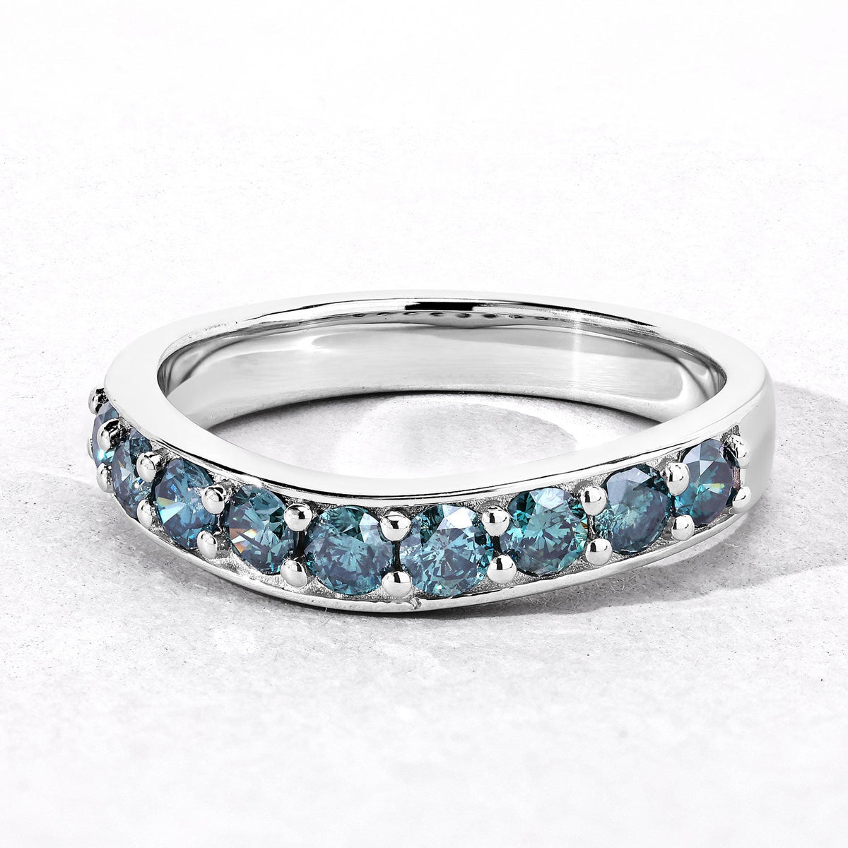 0.76 Cttw Round Teal Blue Diamond Rhodium Plated Silver Half Eternity Band Ring