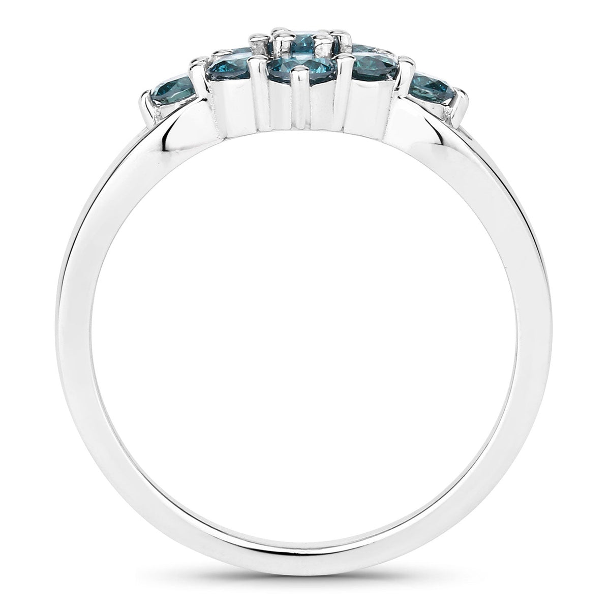 0.76 Cttw Round Teal Blue Diamond Rhodium Plated Silver Diagonal Cluster Ring