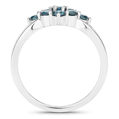 0.76 Cttw Round Teal Blue Diamond Rhodium Plated Silver Diagonal Cluster Ring