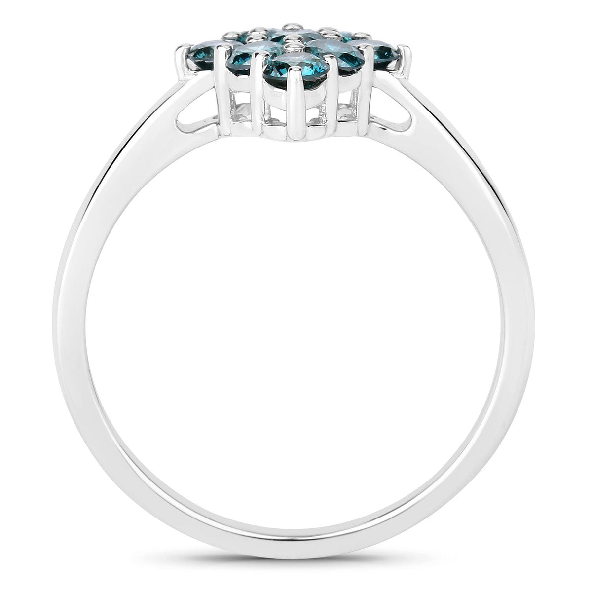 0.76 Cttw Round Teal Blue Diamond Rhodium Plated Silver Rhombus Cluster Ring