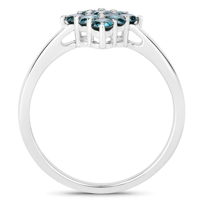 0.76 Cttw Round Teal Blue Diamond Rhodium Plated Silver Rhombus Cluster Ring