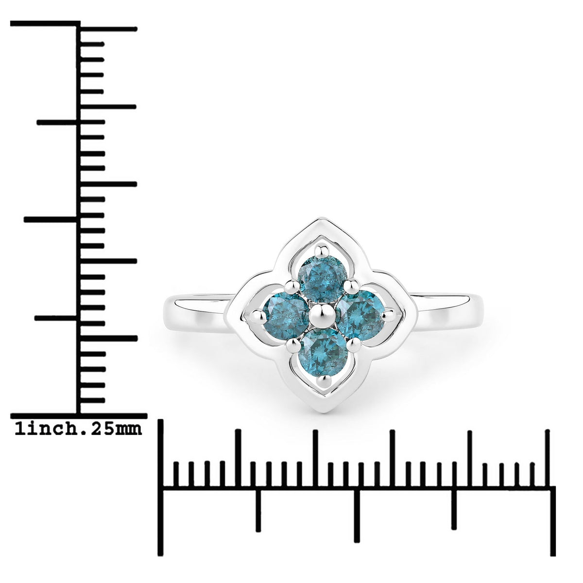 0.50 Cttw Round Teal Blue Diamond Rhodium Plated Silver Clover Cluster Ring
