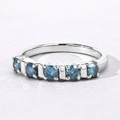 0.62 Cttw Round Teal Blue Diamond Bar Rhodium Plated Silver Five Stone Band Ring